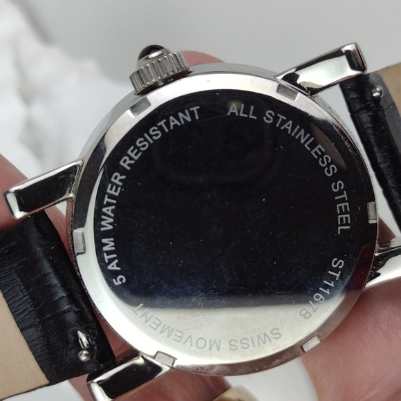 Stauer Rhinestone Black Leather Crock Embossed Band Stainless Steel Watch - Picture 7 of 12